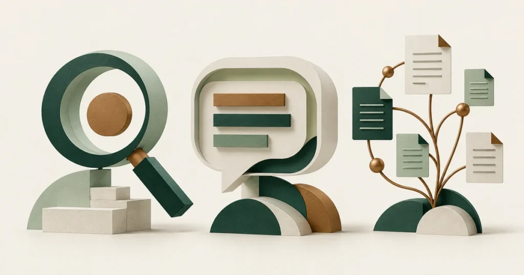 AEO vs SEO vs GEO illustrated through search, answers and connected sources