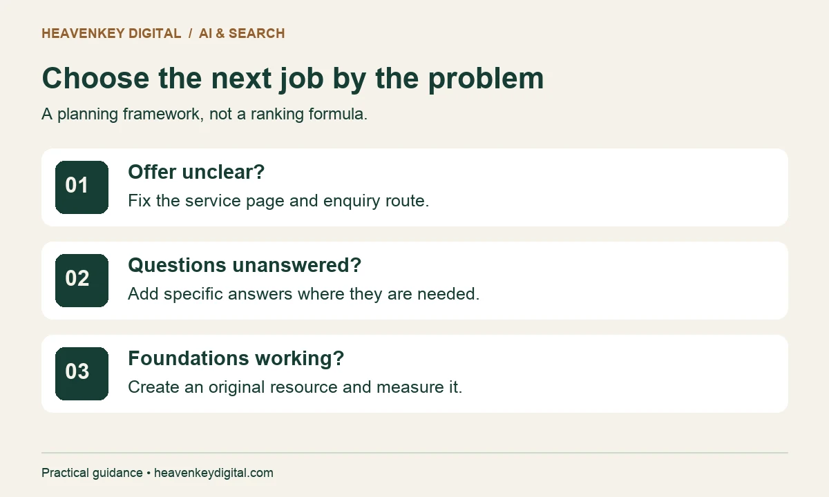 SEO, AEO and GEO priorities based on the problem a business needs to solve